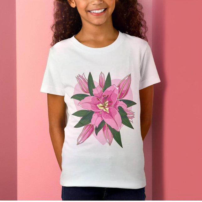 Rosa Blooming Lush Lily med Soft Heart Jersey T Shirt (Pink Blooming Lush Lily with Soft Heart Jersey T-Shirt)