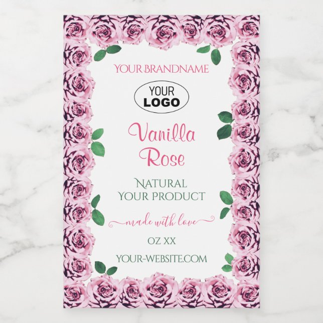 Rosa Blooming Ro White Product Labels med Logotyp Mat Etikett (Singel etikett)