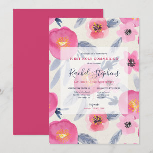 Rosa Blooms Watercolor Blommigt First Heliga Commu Inbjudningar