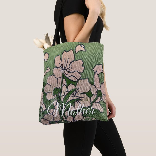Rosa Blossom Grön Tote Tygkasse (Närbild)