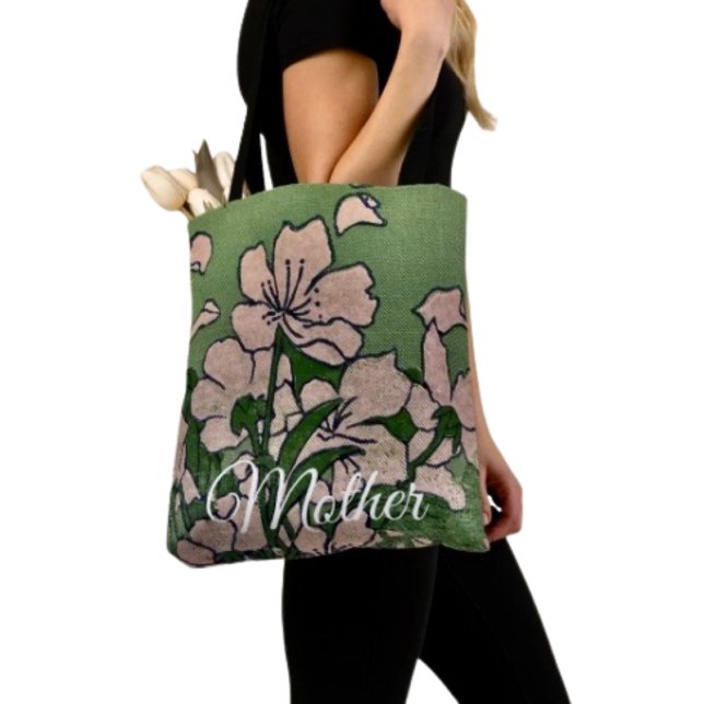 Rosa Blossom Grön Tote Tygkasse (Chic tote bag for Mom—perfect for errands, shopping, and showing love this Mother’s Day.)