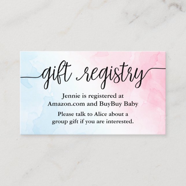 Rosa & Blue Baby Gift Registry Shower Infoga Card Visitkort (Framsida)