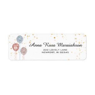 *~* Rosa Blue Balloons Guld Glitter Baby Shower Returadress Etikett
