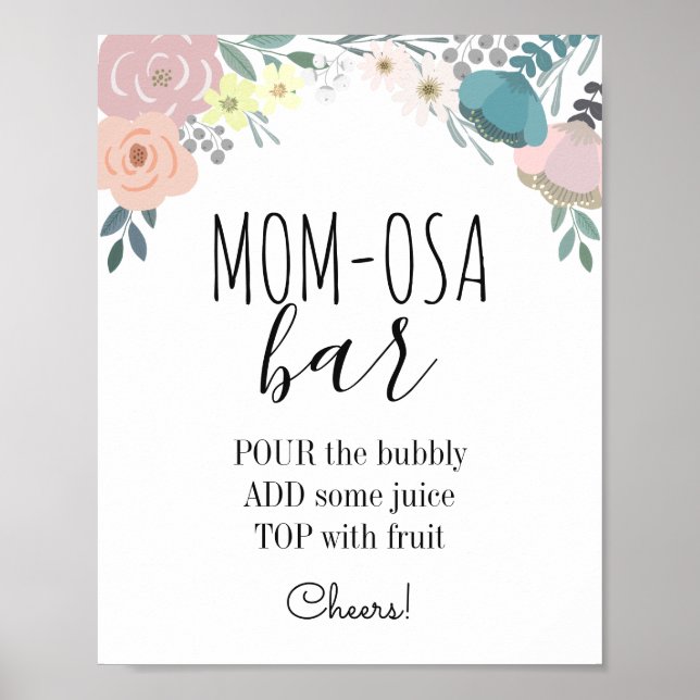 Rosa & Blue Blommigt Baby Shower Mamma-osa Pub Poster (Framsidan)