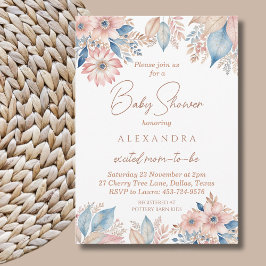 Rosa Blue Blommigt Boho Chic Baby Shower Inbjudningar