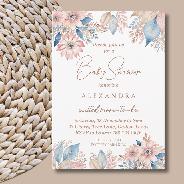 Rosa Blue Blommigt Boho Chic Baby Shower Inbjudningar (Skapare uppladdad)
