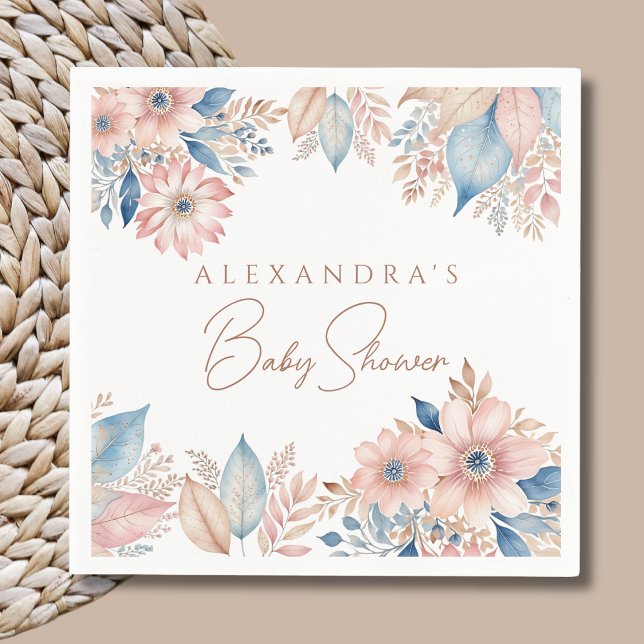 Rosa Blue Blommigt Boho Chic Baby Shower Pappersservett (Skapare uppladdad)