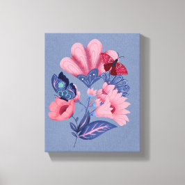 Rosa Blue Blommigt Butterflies Folk Art Canvastryck