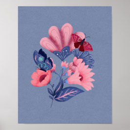 Rosa Blue Blommigt Butterflies Folk Art Poster