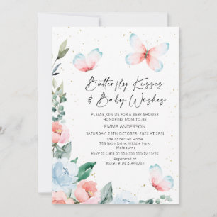 Rosa Blue Blommigt Butterfly Kisses Baby Shower Inbjudningar