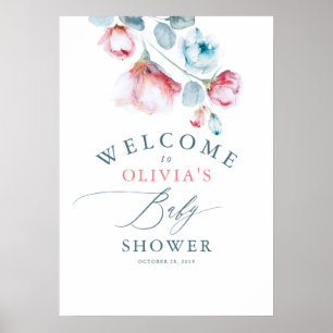 Rosa Blue Blommigt Elegant Baby Shower Välkommen Poster