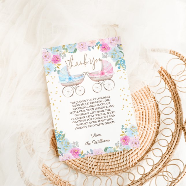 Rosa Blue Blommigt Gender Reveal Baby Shower Tack Kort (Skapare uppladdad)