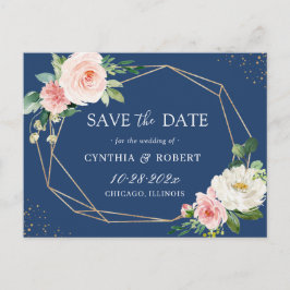  Rosa Blue Blommigt Geometric Save the Date Vykort