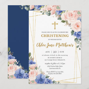 Rosa Blue Blommigt Guld Baptism Christening I Inbjudningar