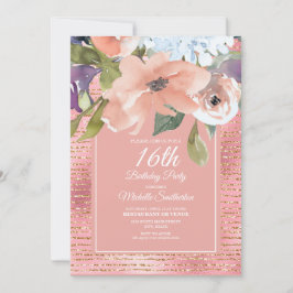 Rosa Blue Blommigt Guld Glitter Flickans sextonde Kort