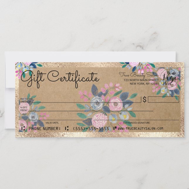 Rosa Blue Blommigt Guld Kraft Check Gift Certifica (Framsida)