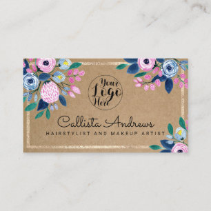Rosa Blue Blommigt Guld Watercolor Kraft Papper Visitkort