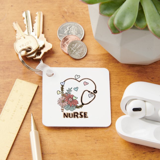 ROSA BLUE BLOMMIGT HEARTS RETRO NURSE NYCKELRING (Skrivbord)