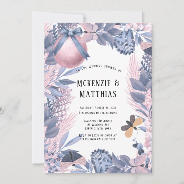 Rosa Blue Blommigt Möhippa Inbjudningar (Framsida)