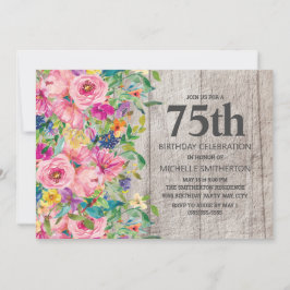 Rosa Blue Blommigt Rustic Wood 75:e Födelsedagsfes Inbjudningar