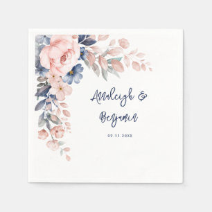 Rosa Blue Blommigt Script Bröllop Botaniskt Papper Pappersservett