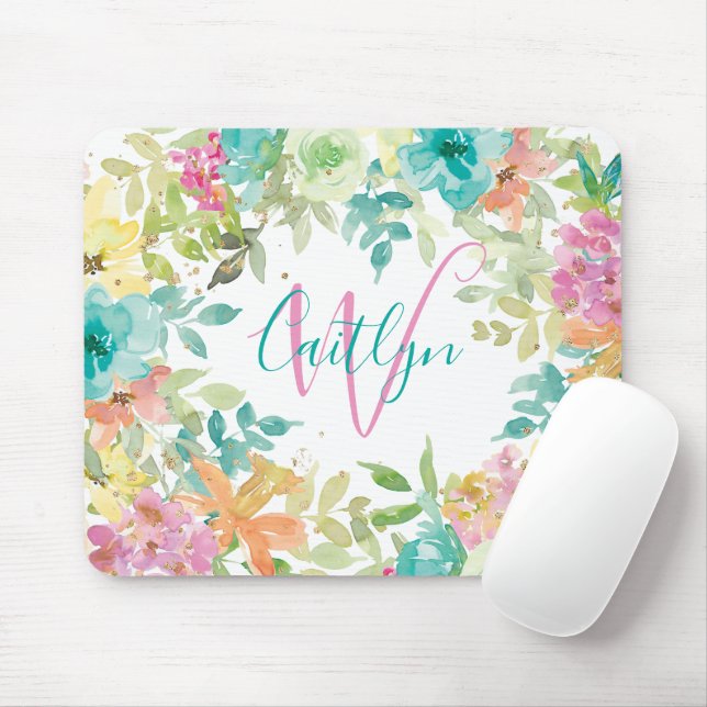 Rosa Blue Blommigt Watercolor Glitter Monogram Musmatta (Med mus)