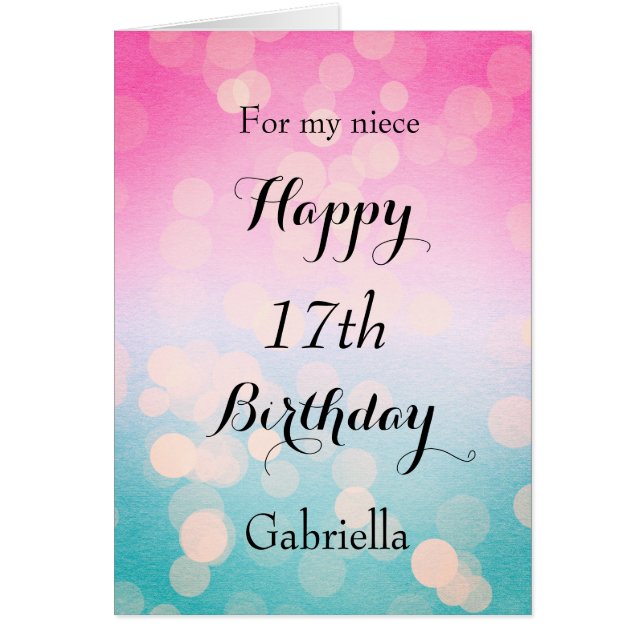 Rosa Blue Bokeh Niece 17:e födelsedagen Hälsningskort (Framsidan)