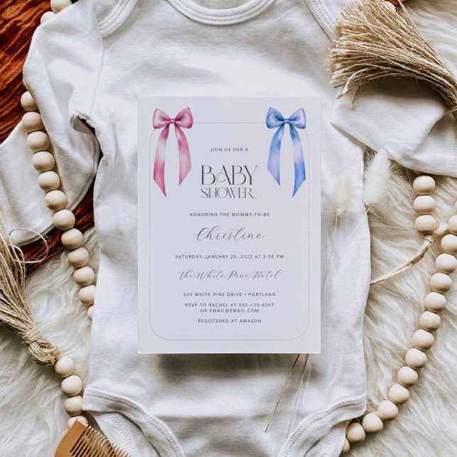 Rosa Blue Bow Gender Neutral Baby Shower Inbjudningar (Skapare uppladdad)