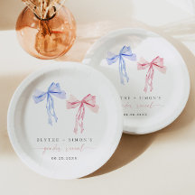 Rosa Blue Bow Gender Reveal Papper Plattor Coquett