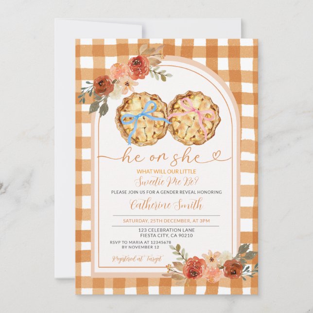Rosa Blue Bow Pumpkin Paj Gender Reveal Gingham Inbjudningar (Framsida)
