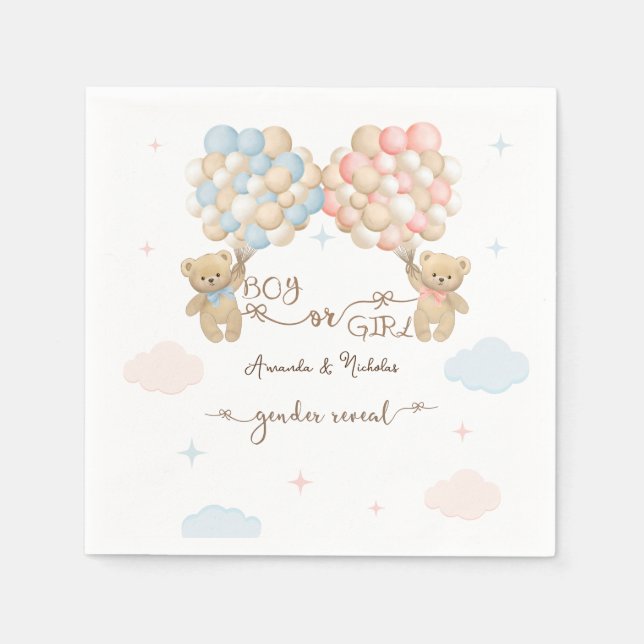 Rosa Blue Boy Girl Bear Balloons Gender Reveal Pappersservett (Framsidan)