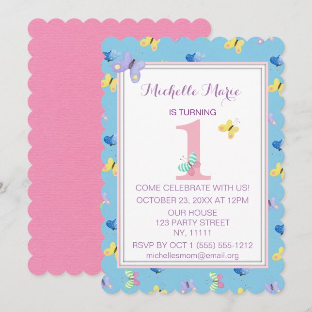 Rosa Blue Butterfly första födelsedagen Inbjudningar (Fram/baksida)