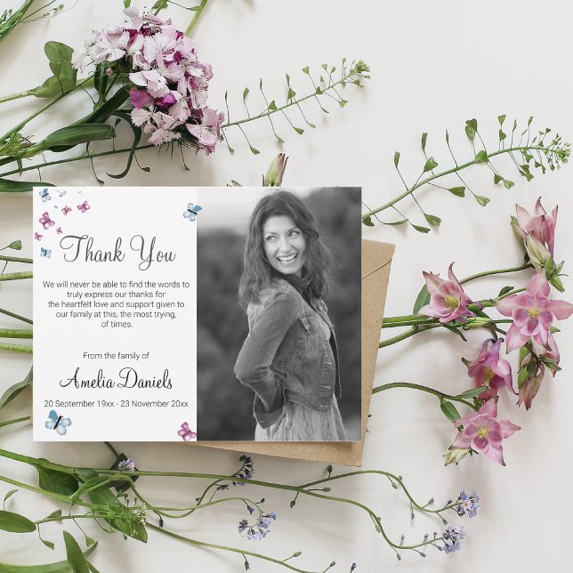 Rosa Blue Butterfly Photo In Memory - tack för dit Inbjudningar (Skapare uppladdad)