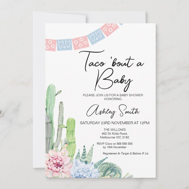 Rosa Blue Cactus Taco om en Baby Baby Shower Inbjudningar (Framsida)