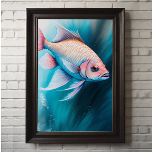Rosa Blue Chalk Teckning Fish iii Poster