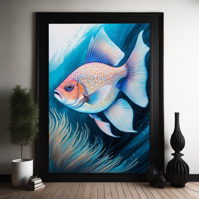 Rosa Blue Chalk Teckning Fish IV Poster (Skapare uppladdad)