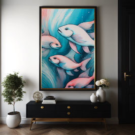 Rosa Blue Chalk Teckning Fish Poster