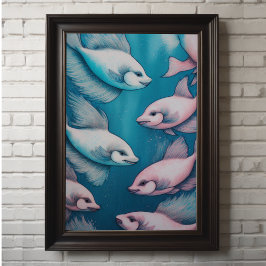 Rosa Blue Chalk Teckning Fish Poster