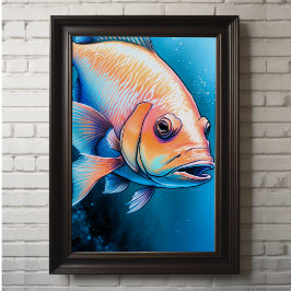 Rosa Blue Chalk Teckning Fish Poster