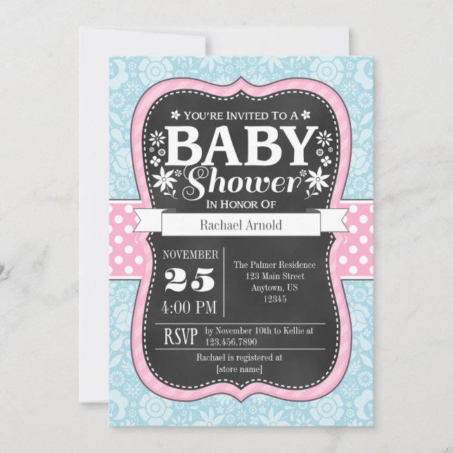 Rosa Blue Chalkboard Blommigt Baby Shower Inbjudan (Framsida)