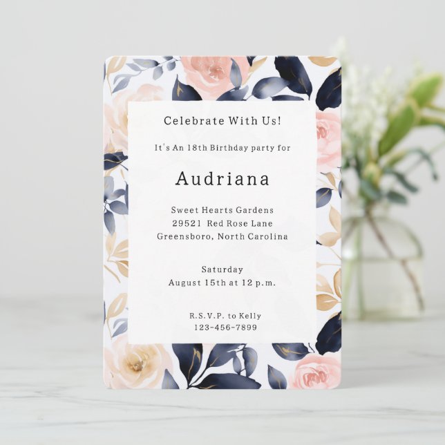 Rosa Blue Chic Flowers Birthday Inbjudningar (Stående Fram)