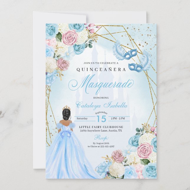  Rosa Blue Cinderella Masquerad Quinceanera Inbjudningar (Framsida)