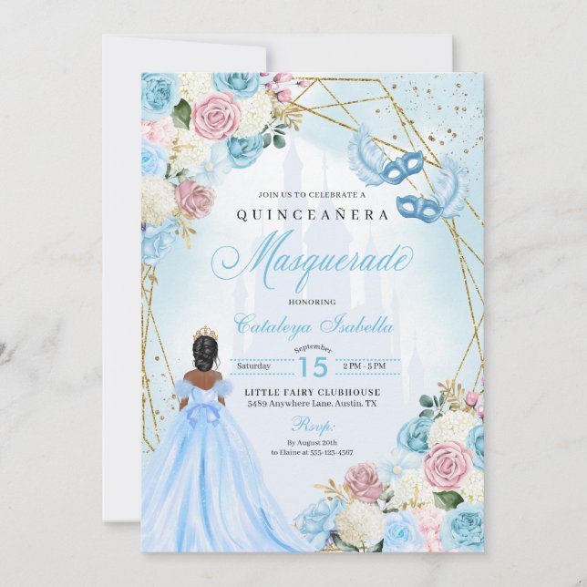  Rosa Blue Cinderella Masquerad Quinceanera Inbjudningar (Framsida)