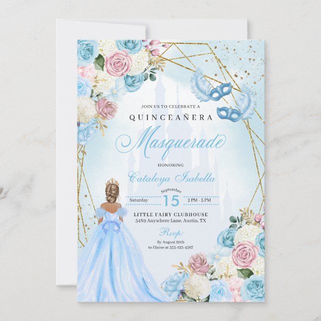  Rosa Blue Cinderella Masquerad Quinceanera Inbjudningar (Framsida)