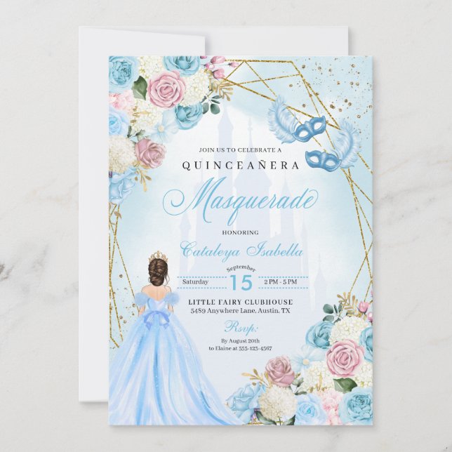  Rosa Blue Cinderella Masquerad Quinceanera Inbjudningar (Framsida)