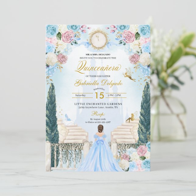 Rosa & Blue Cinderella Princess Fairy Quinceanera Inbjudningar (Stående Fram)