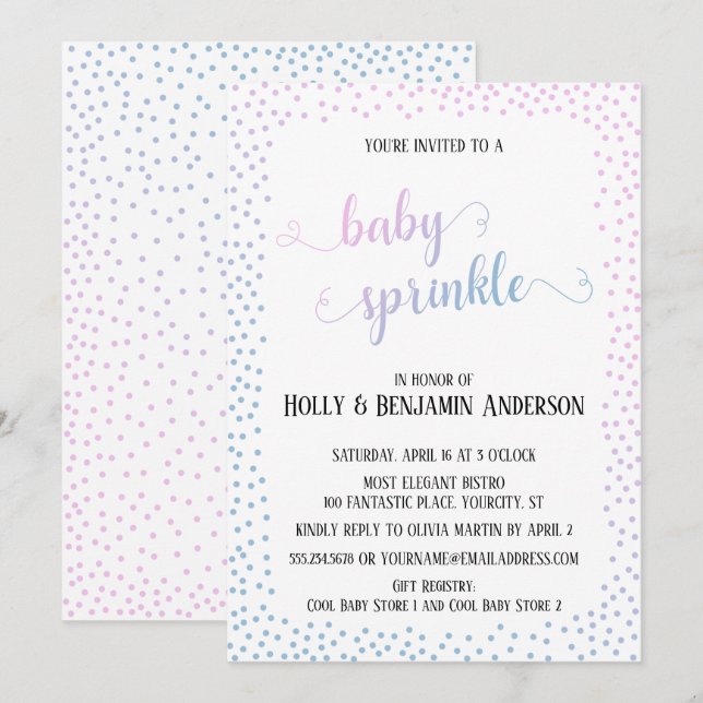 Rosa Blue Confetti Typography Baby Sprinkle Inbjudningar (Fram/baksida)
