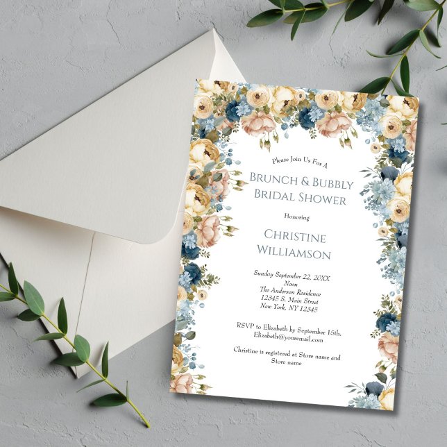 Rosa Blue Cream Blommigt Brunch BubLY Möhippa Inbjudningar (Pink Blue and Cream Watercolor Florals Bridal Shower Brunch Bubbly Invitation)