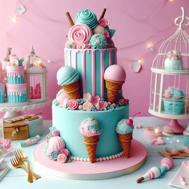 ROSA & BLUE CREAM THEMED BARNS FÖDELSEDAG CAKE KORT (Skapare uppladdad)