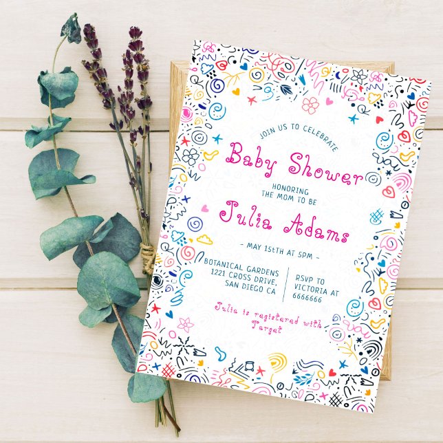 Rosa Blue Cute underbar Doodle Funny Leksak Baby S Inbjudningar (Skapare uppladdad)